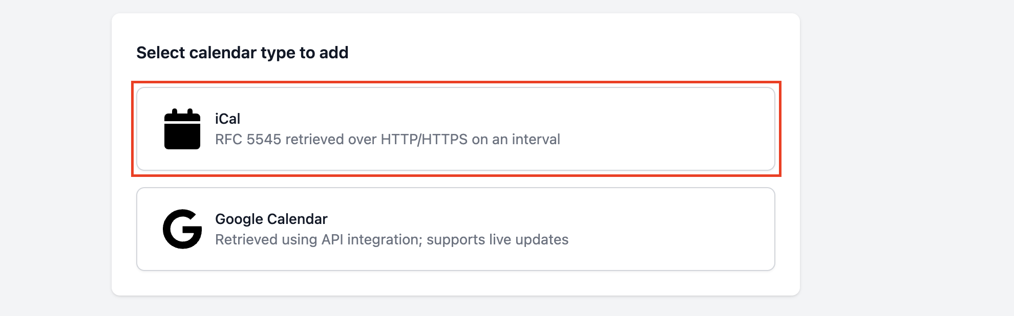 Screenshot of the calendar source selection screen