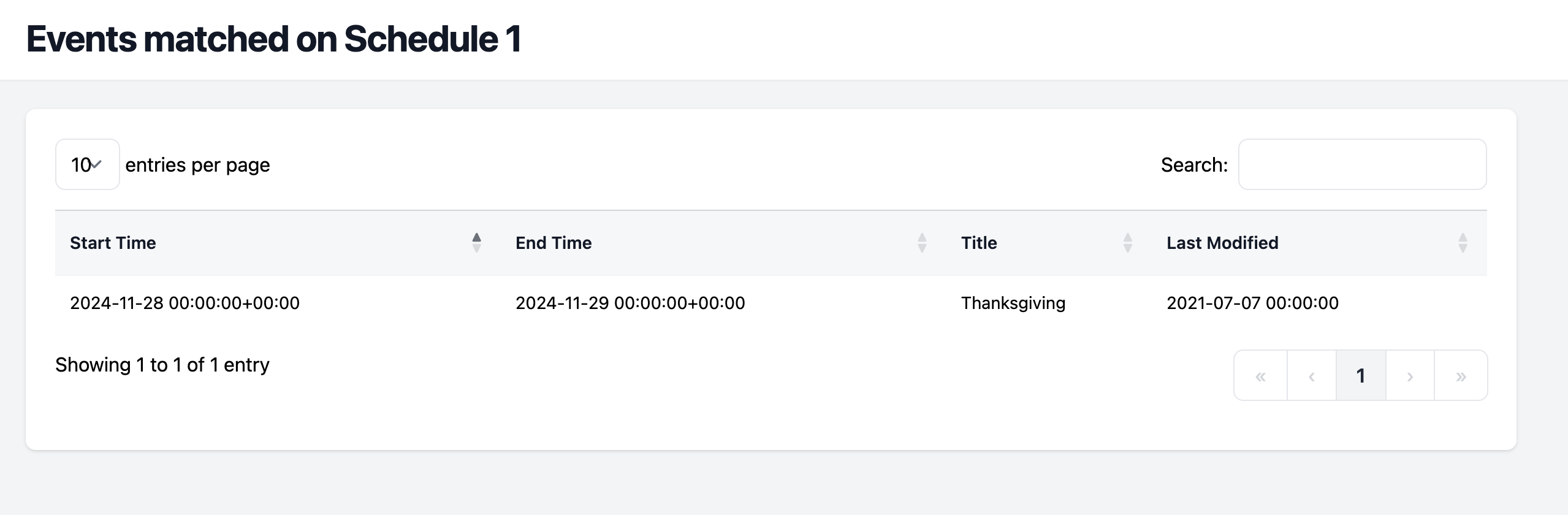 Screenshot of the matched events list screen