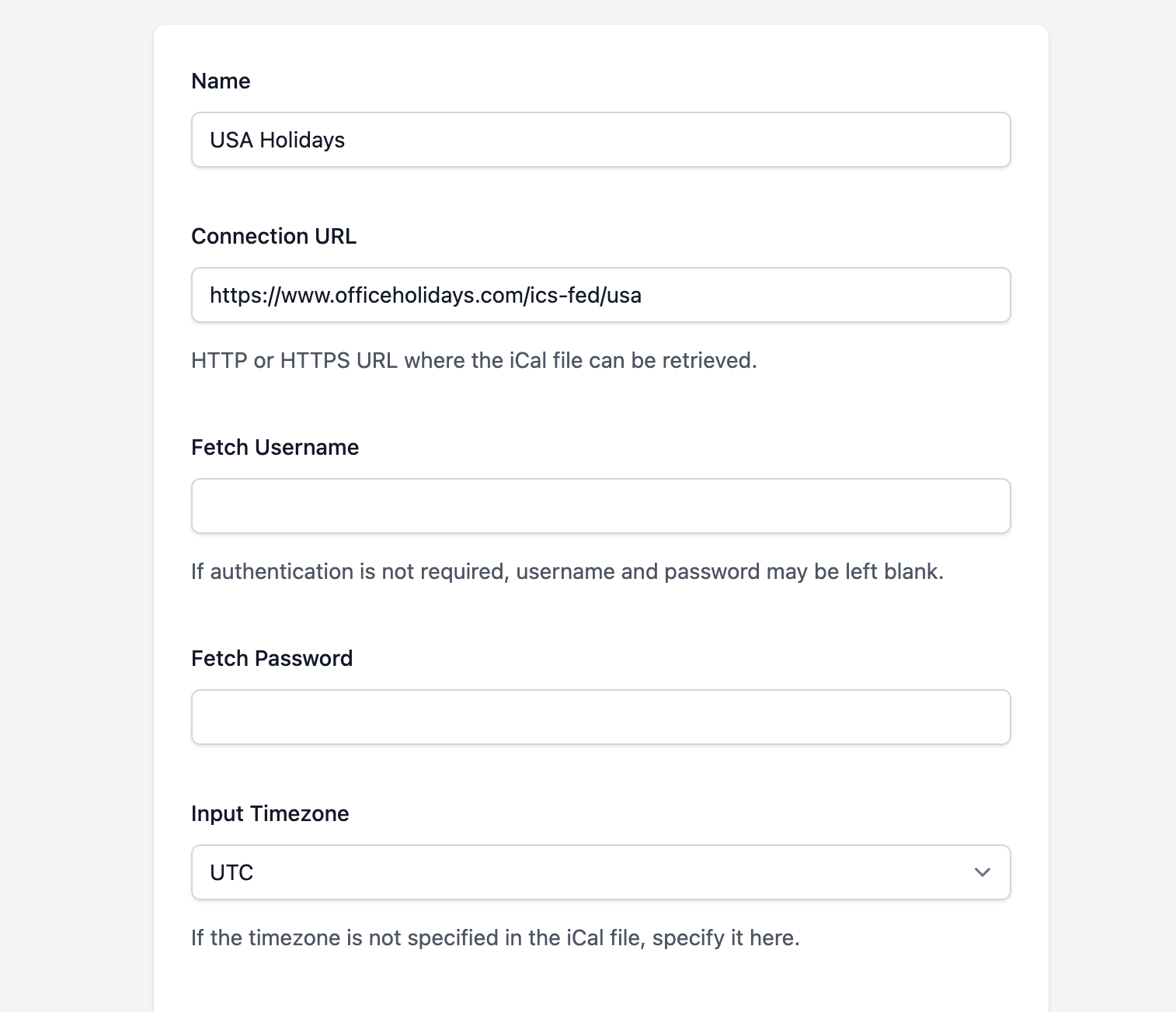 Screenshot of the calendar source configuration screen