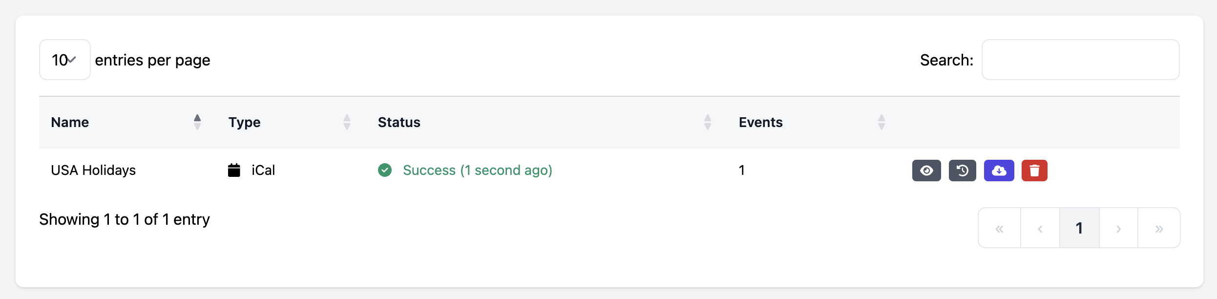 Screenshot of the calendar list screen