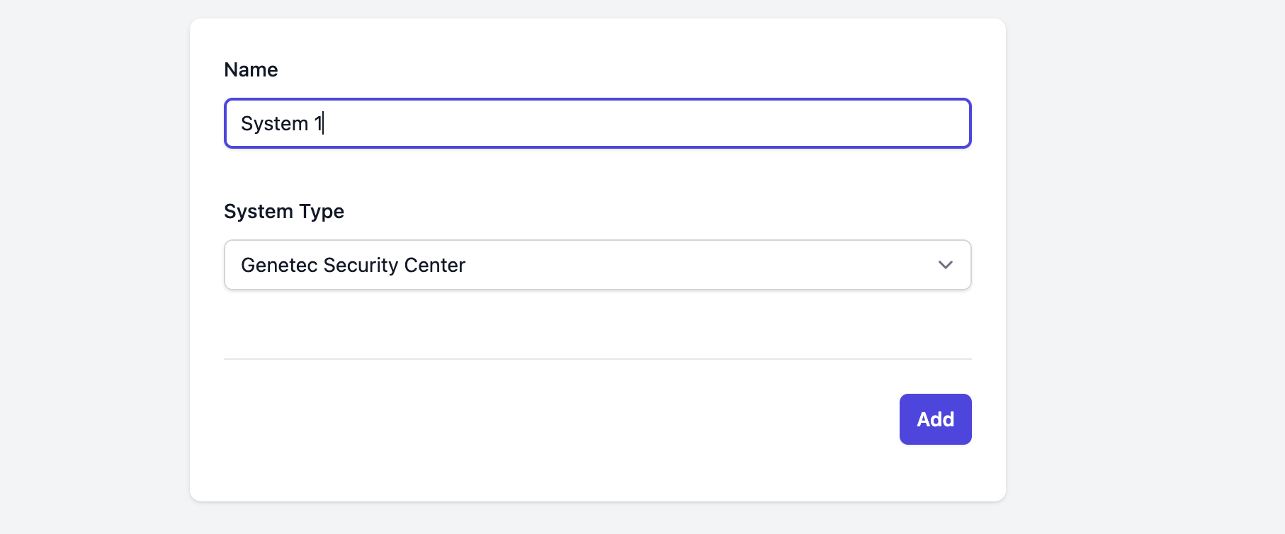 Screenshot of the add system screen